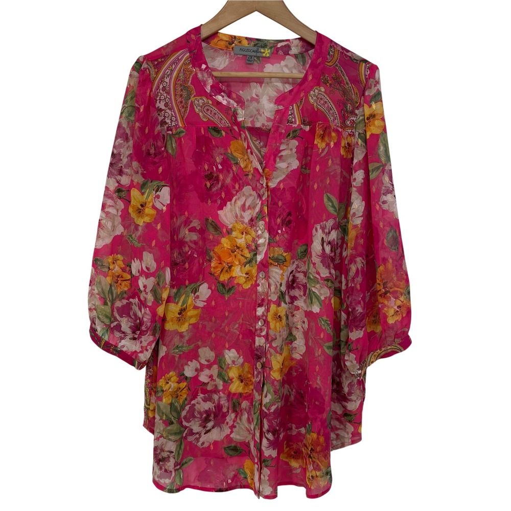 Figueroa & Flower Womens 2X Pink Floral Paisley Gold Lurex Blouse Semi Sheer